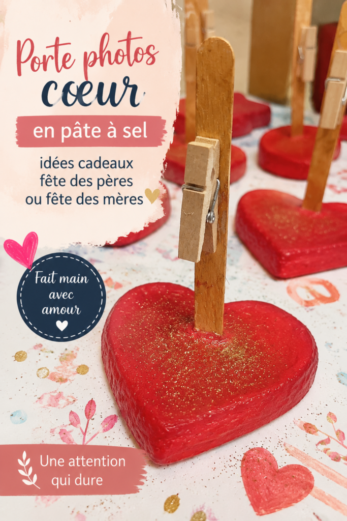 Porte-photos en pâte à sel en forme de cœur avec une photo de famille.