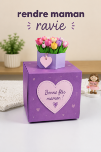 Photo d'une mère heureuse recevant un cadeau fait main de sa fille.