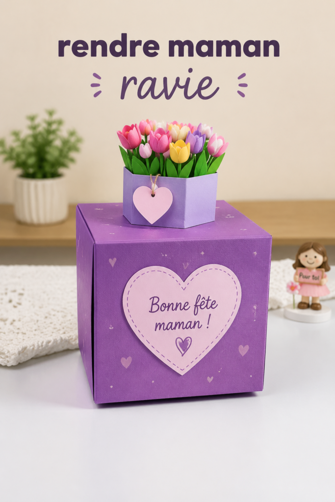 Photo d'une mère heureuse recevant un cadeau fait main de sa fille.