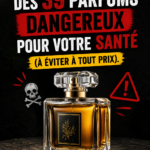 Une collection de parfums avec des étiquettes explicites sur les dangers pour la santé.