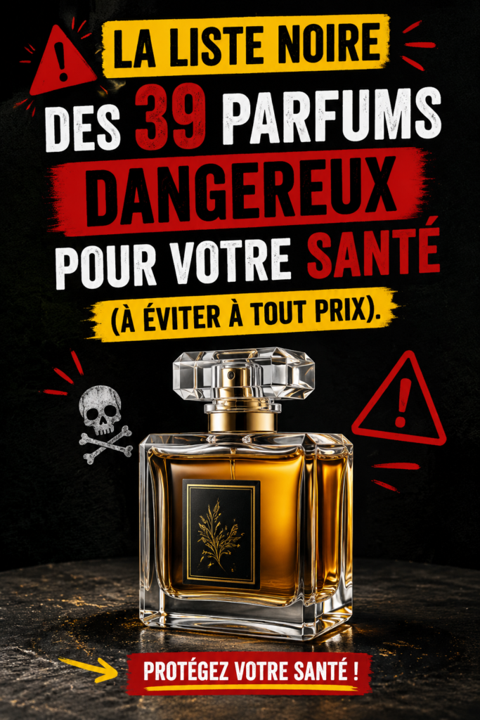 Une collection de parfums avec des étiquettes explicites sur les dangers pour la santé.