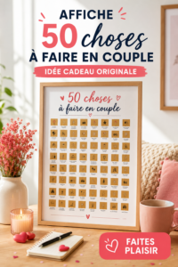 Affiche colorée présentant 50 activités à faire en couple pour s'amuser et créer des souvenirs.