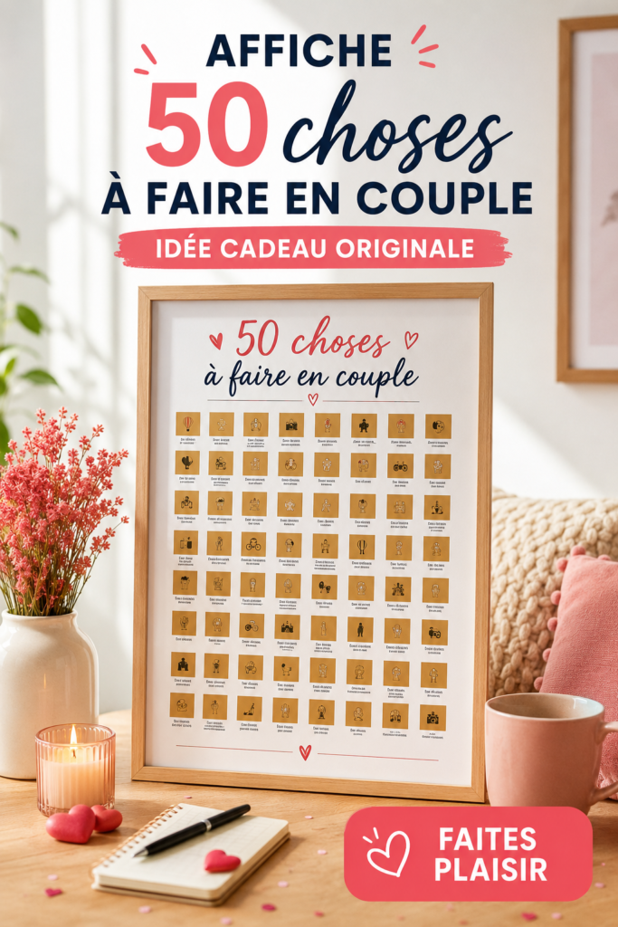 Affiche colorée présentant 50 activités à faire en couple pour s'amuser et créer des souvenirs.