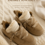 Baskets UGG décontractées et élégantes sur fond neutre.