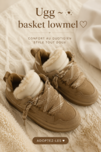 Baskets UGG décontractées et élégantes sur fond neutre.
