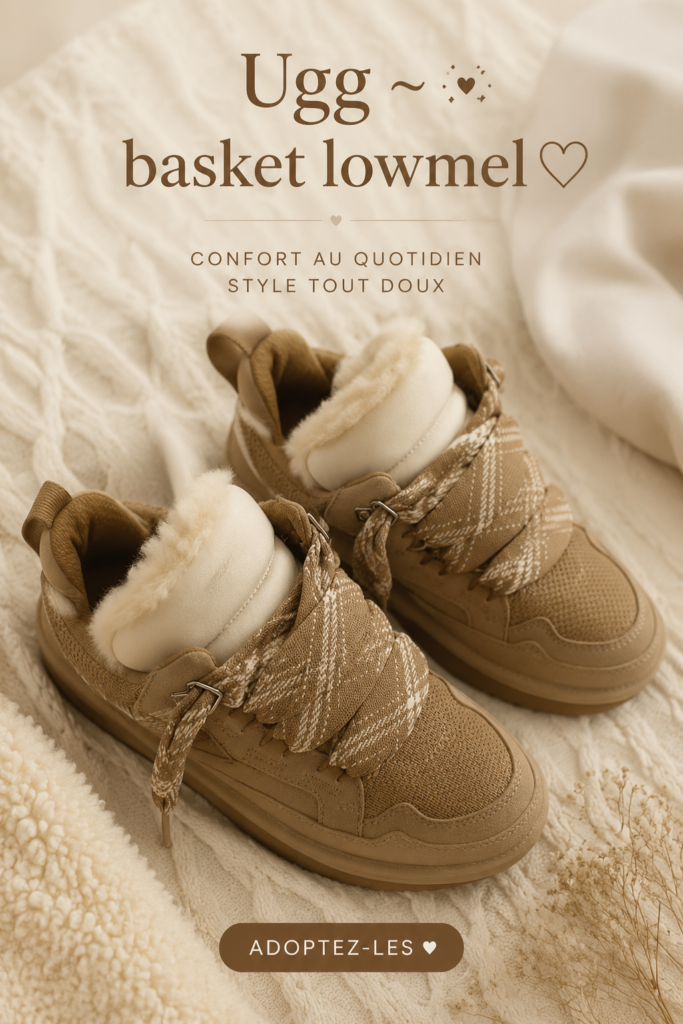 Baskets UGG décontractées et élégantes sur fond neutre.