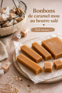 Un assortiment de bonbons de caramel mou au beurre salé sur une table en bois