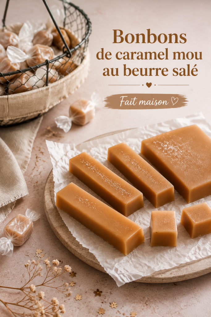 Un assortiment de bonbons de caramel mou au beurre salé sur une table en bois
