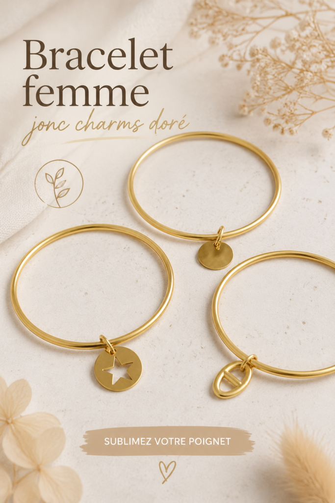 Bracelet jonc doré avec charms au design élégant, parfait pour les femmes.