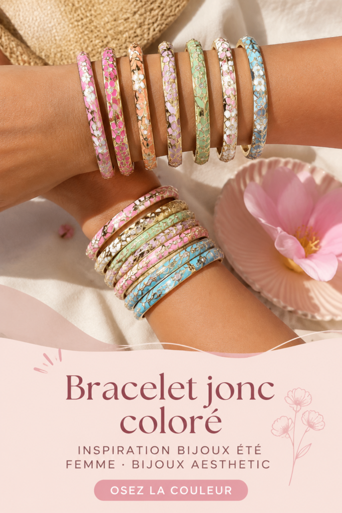 Bracelet jonc coloré sur un fond estival, correspondant au style estival féminin.