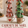 Cadeaux de Noël DIY en bois et textiles, présentés en ambiance festive.