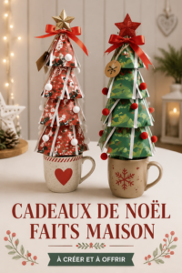 Cadeaux de Noël DIY en bois et textiles, présentés en ambiance festive.