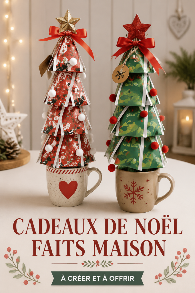 Cadeaux de Noël DIY en bois et textiles, présentés en ambiance festive.
