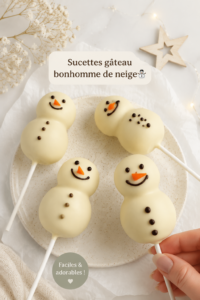 Dessert festif : cake pops en forme de bonhomme de neige sur un plateau.