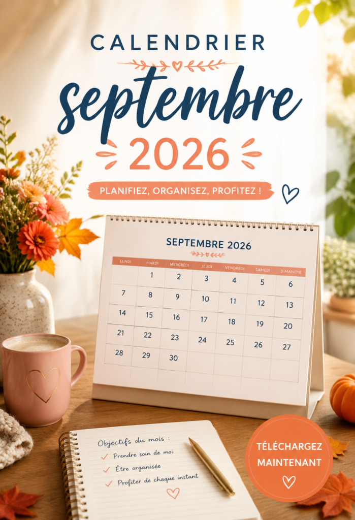 Calendrier de septembre 2026 à imprimer avec des jours fériés et numéros de semaine