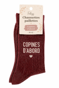 Chaussettes paillettes Felizz colorées présentées sur un fond clair, ajoutant une touche glamour à la mode féminine.