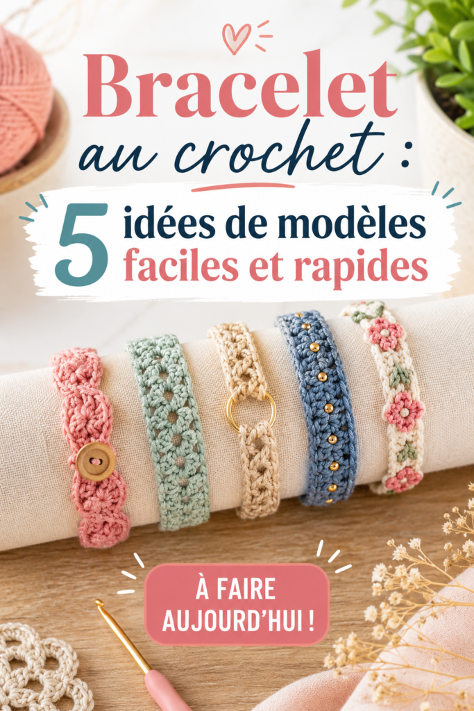Bracelets au crochet colorés sur une table en bois, parfaits pour un look original.