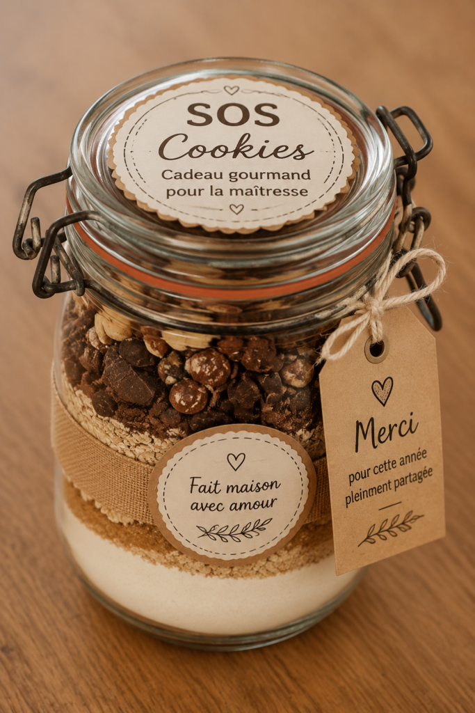 Cookies maison présentés dans un joli emballage pour un cadeau à la maîtresse