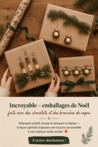 Un joli emballage de Noël fait de chocolat et de branches de pin