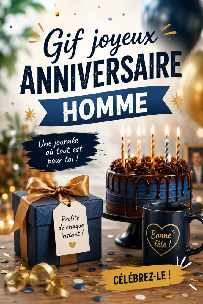 Un GIF d'anniversaire joyeux pour homme avec des ballons et des confettis.