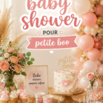Une table décorée pour une baby shower avec des ballons et des fleurs.
