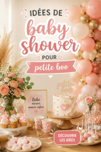 Une table décorée pour une baby shower avec des ballons et des fleurs.