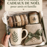 Un beau panier cadeau de Noël décoré avec des éléments festifs et chaleureux.
