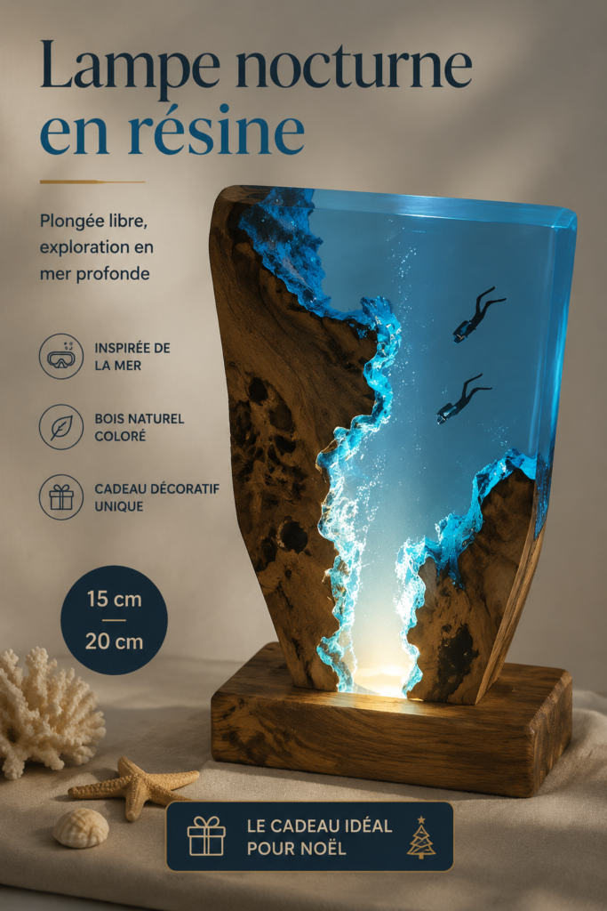 Lampe nocturne en résine avec un design de plongée libre, couleur marine.