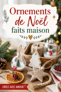 Ornements de Noël faits maison en bois et tissu sur un sapin décoré