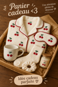 Panier cadeau rempli de produits variés, prêt à être offert