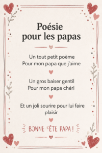 Un livre de poésie ouvert avec un poème touchant pour un père, entouré de fleurs.