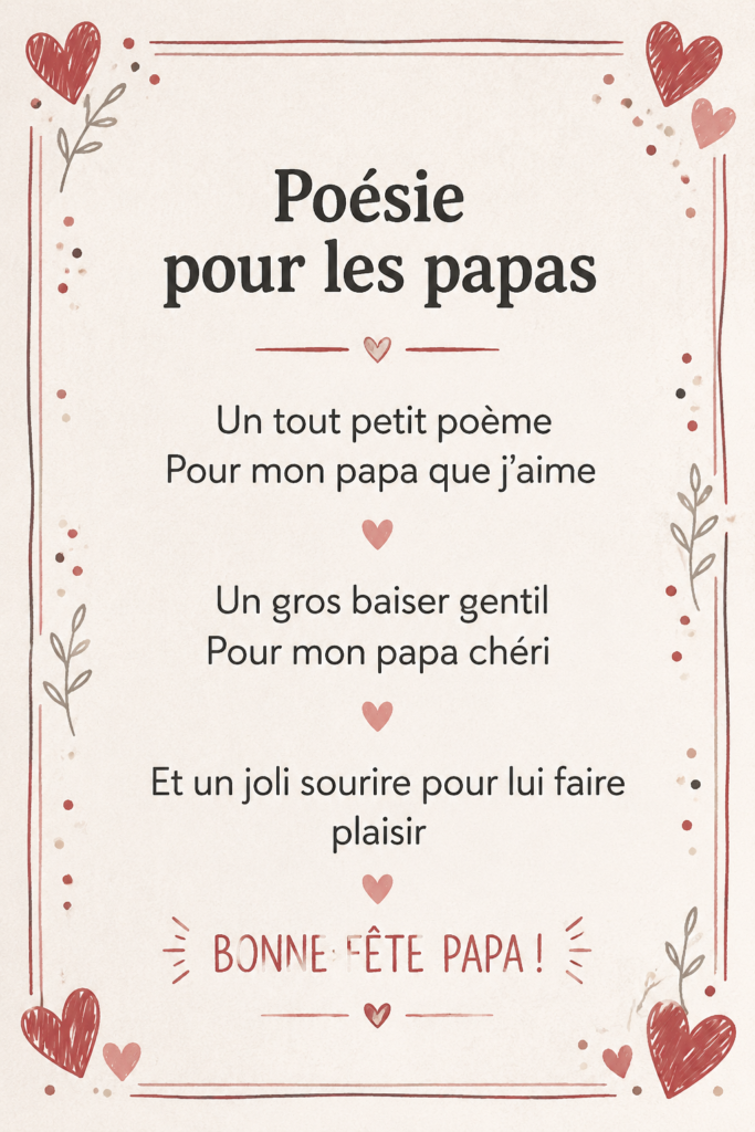 Un livre de poésie ouvert avec un poème touchant pour un père, entouré de fleurs.