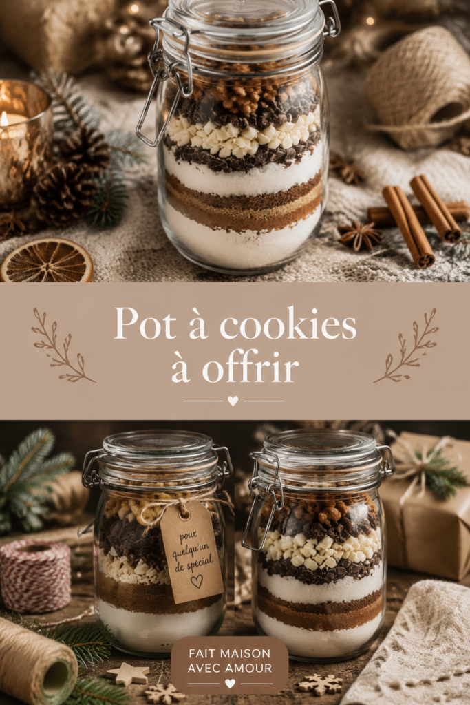Un joli pot à cookies en verre décoré de rubans et rempli de biscuits faits maison