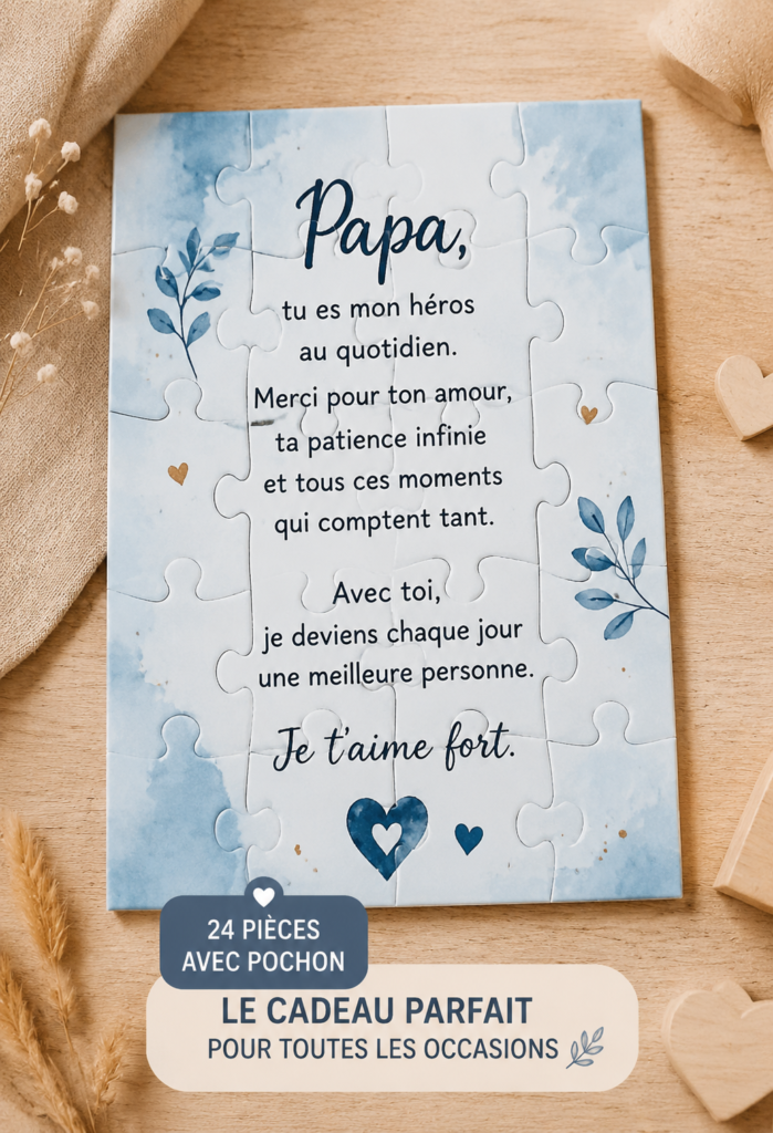 Puzzle personnalisé 'papa' dans un pochon, prêt à offrir en cadeau.