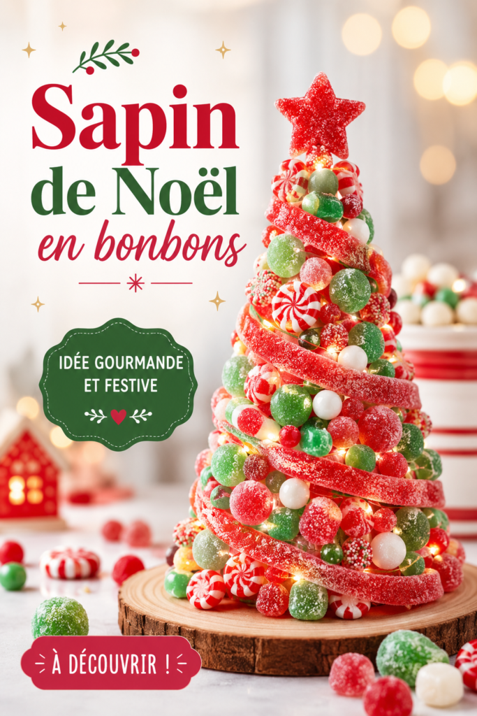 Un sapin de Noël décoré avec des bonbons colorés et appétissants.