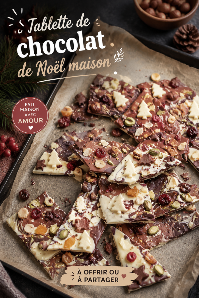 Tablette de chocolat maison décorée pour Noël, avec des ingrédients colorés