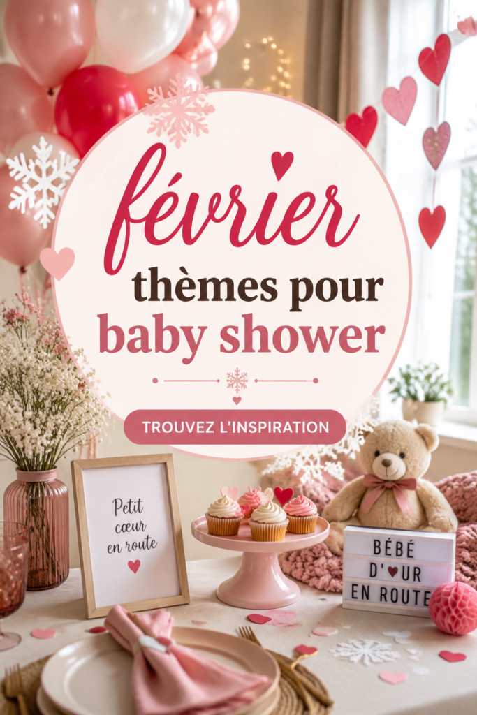 Thème de baby shower sur le mois de février avec des éléments décoratifs chaleureux