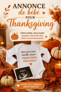 Annonce de bébé créative pour Thanksgiving sur une table de fête