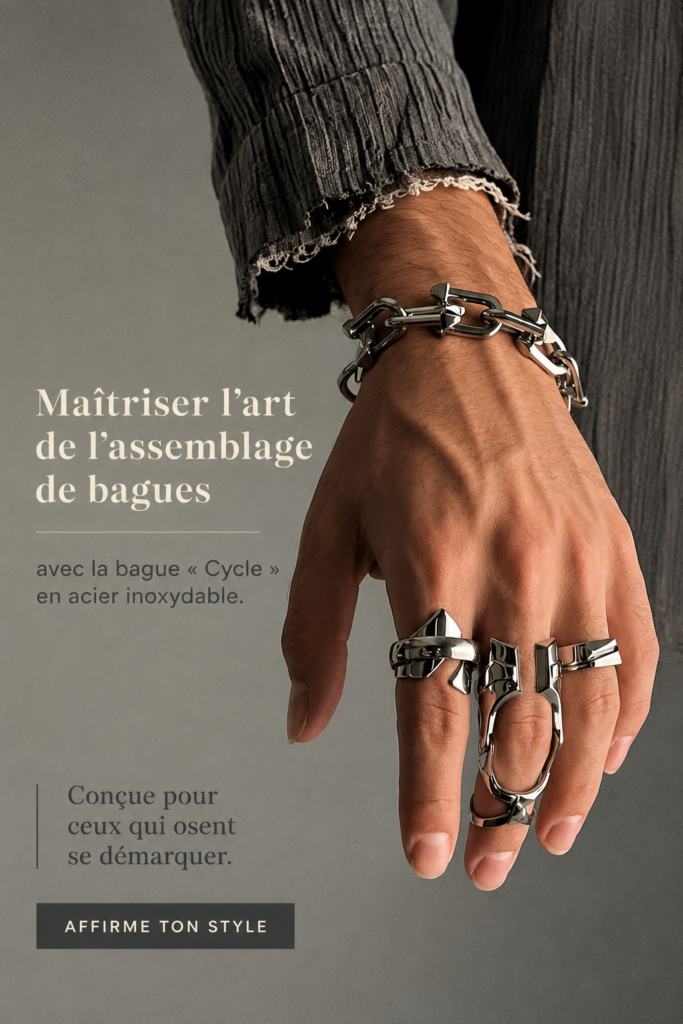 Bagues empilées élégamment sur une main féminine, montrant un style contemporain.
