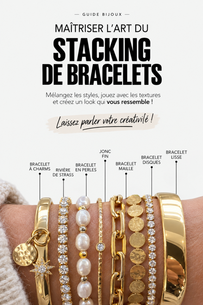 Une main portant plusieurs bracelets empilés de différentes couleurs et textures, illustrant le concept de stacking de bijoux.
