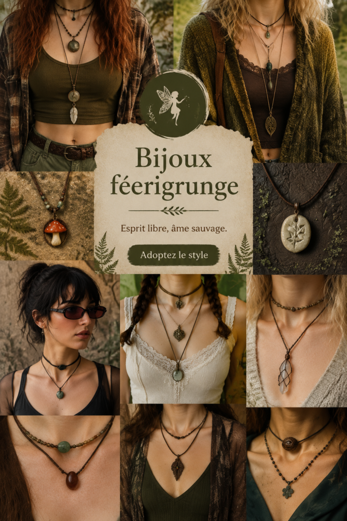 Collection de bijoux fairygrunge, mélange de nature et de tendance, présentée sur un fond esthétique.