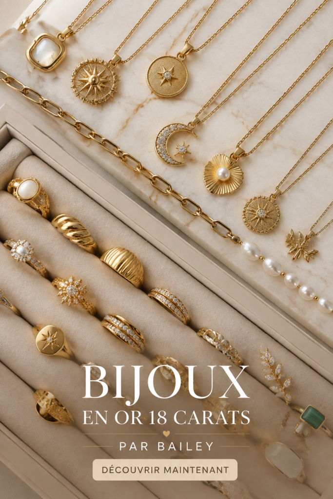 Bijoux en or 18 carats présentés élégamment, symbolisant l'élégance et le luxe.