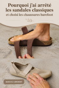 Femme portant des chaussures pieds nus dans un cadre naturel, soulignant le confort et le style.