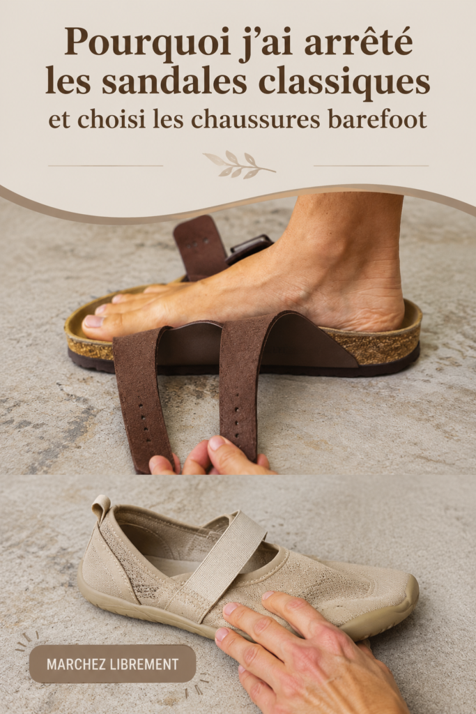 Femme portant des chaussures pieds nus dans un cadre naturel, soulignant le confort et le style.