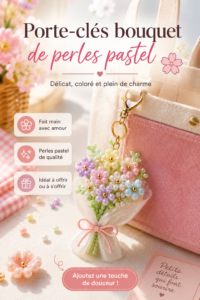 Porte-clés bouquet de perles pastel colorées accroché à une trousse.