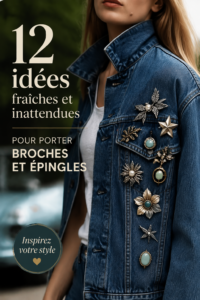 Femme portant plusieurs broches colorées sur un manteau élégant.