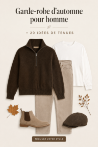 Inspiration capsule wardrobe automnale pour homme avec divers vêtements et accessoires de saison.