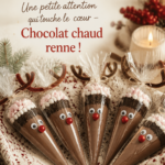 Un chocolat chaud aux rennes servi dans une tasse décorative, avec des guirlandes lumineuses en arrière-plan.