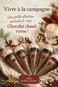 Un chocolat chaud aux rennes servi dans une tasse décorative, avec des guirlandes lumineuses en arrière-plan.
