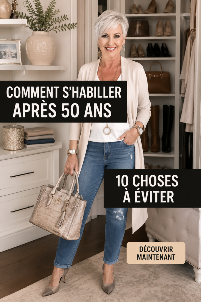 Femme élégamment habillée après 50 ans, souriante et confiante, dans un jardin en fleur.